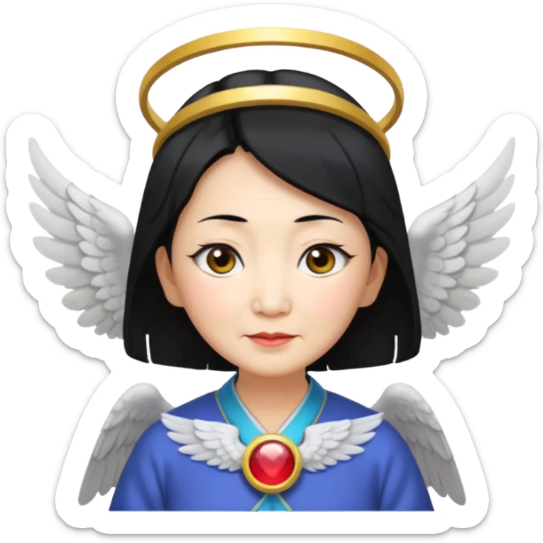Angel Old Lady with wings black hair asian  smaller eyes w halo sticker