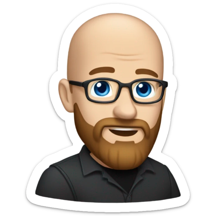 Bald, Caucasian, sky-blue-eyed, Psychotherapist in a modern colorful chair. He has a brown full beard and he’s Wearing a black dress shirt with a subtle pattern, blue jeans and black Chelsea boots with his legs separted leaning forward grey in goatee sticker