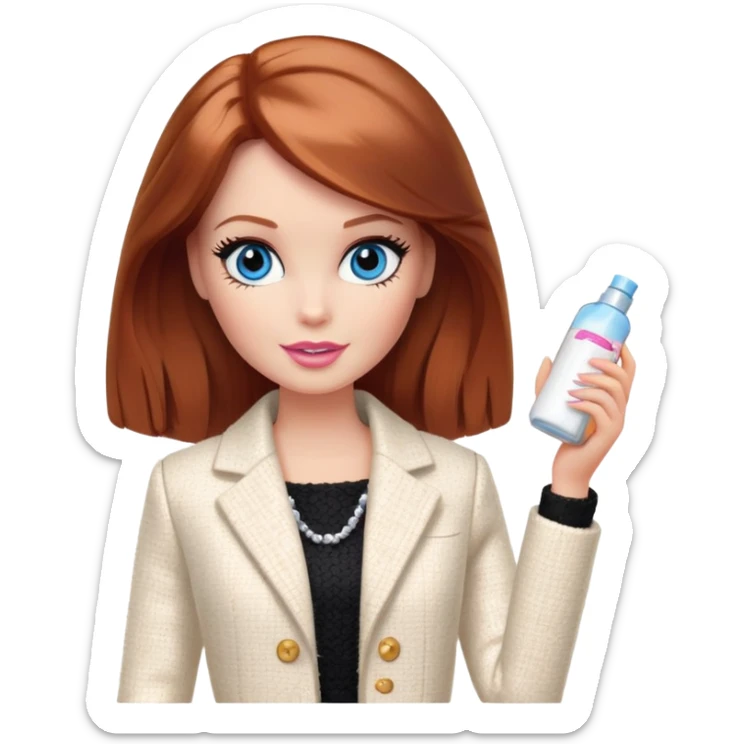 A Barbie girl with blue eyes, shoulder-length reddish-brown hair with makeup, wearing a white tweed jacket and a black skirt stands with cream sticker