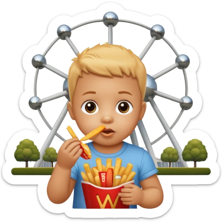 Transformer cette personne en bébé  occuper à  manger des fritte a bruxelles, devant latomium sticker