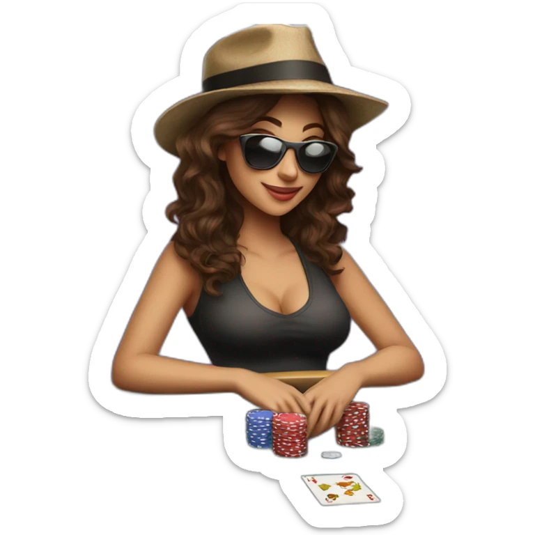 female with dark sunglasses brown wavy hair playing poker with a poker dealer hat sticker