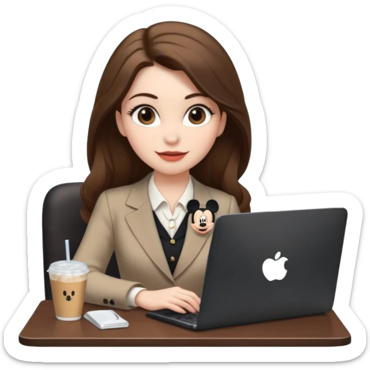 Women in front of one laptop that has a Mickey sticker on it, with a happy face, face a little fuller, lips plump, full eyebrows, long brown hair, light brown big eyes, light pale skin with a iced coffee on the side, business attire, who is typing sticker