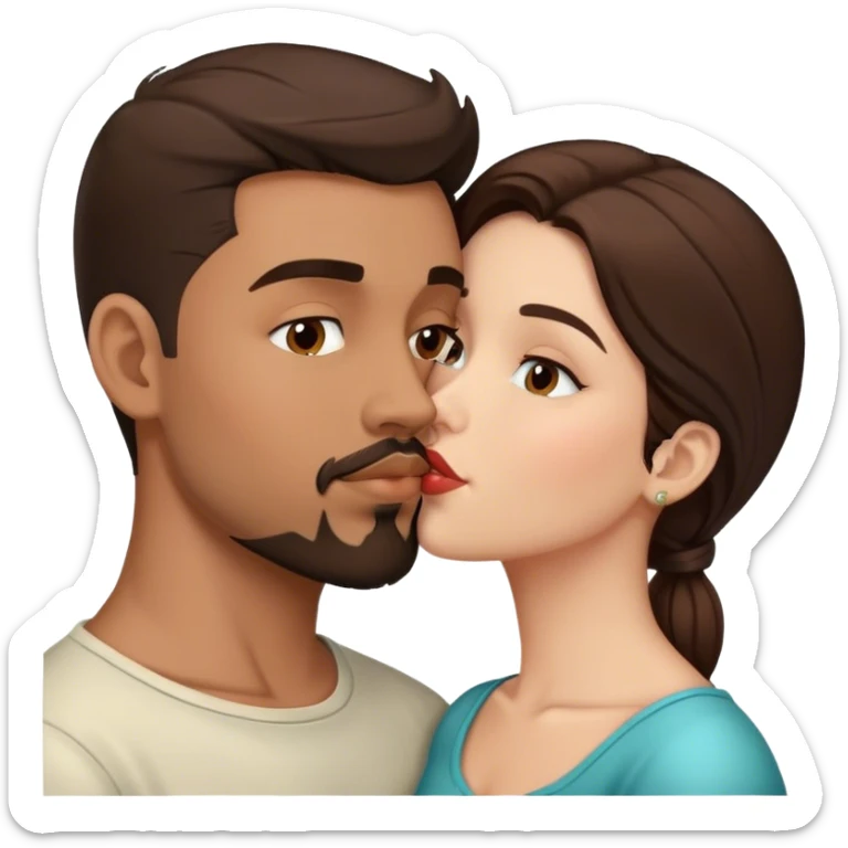 Intimate sfw kiss between brown Latino male with goatee and white brunette lover sticker
