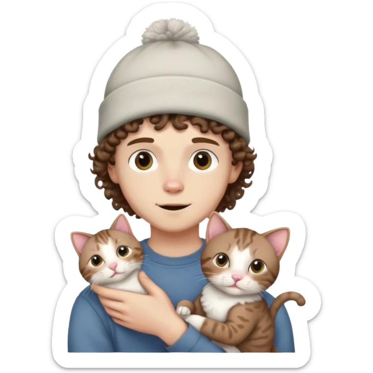 a pale boy with shoulder length curly brown hair with a beanie on holding a hairless cat sticker