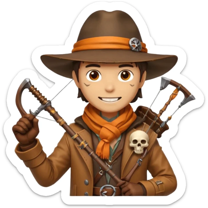 male human monster hunter emoji, wearing brown leather coat and wide hat, holding crossbow, with amulet shaped like skull, Halloween fantasy theme, confident smile, orange scarf, Apple emoji style, clean white background, square image sticker
