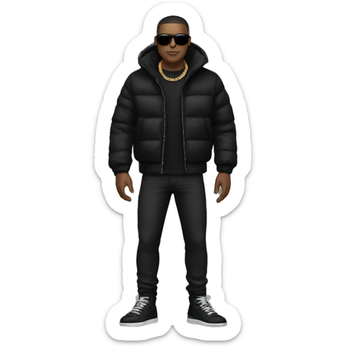  The man is wearing a black puffer jacket, black pants, and black sneakers. He is also wearing sunglasses and has a chain around his neck sticker
