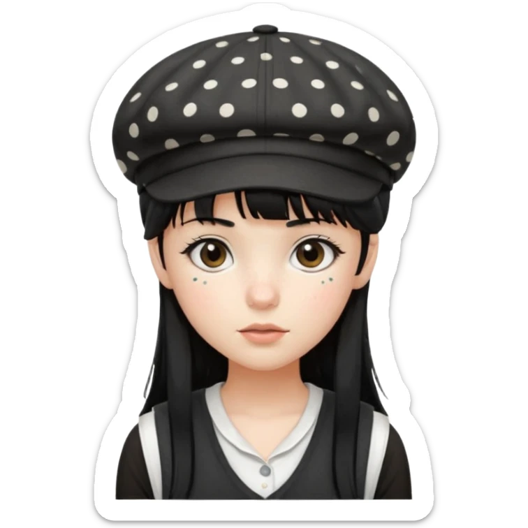 pinterst girl with heavy bang, black long strait hair and black pica dot newsboy cap on her hat, wearing white sleeveless  sticker