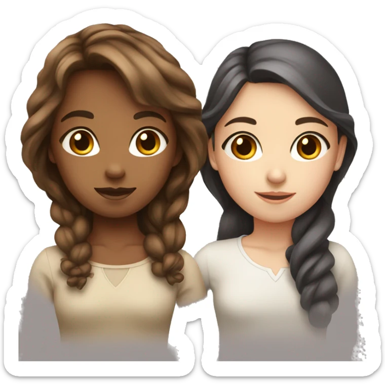 Two girls with brown hair, one with blue eyes and the other with brown sticker