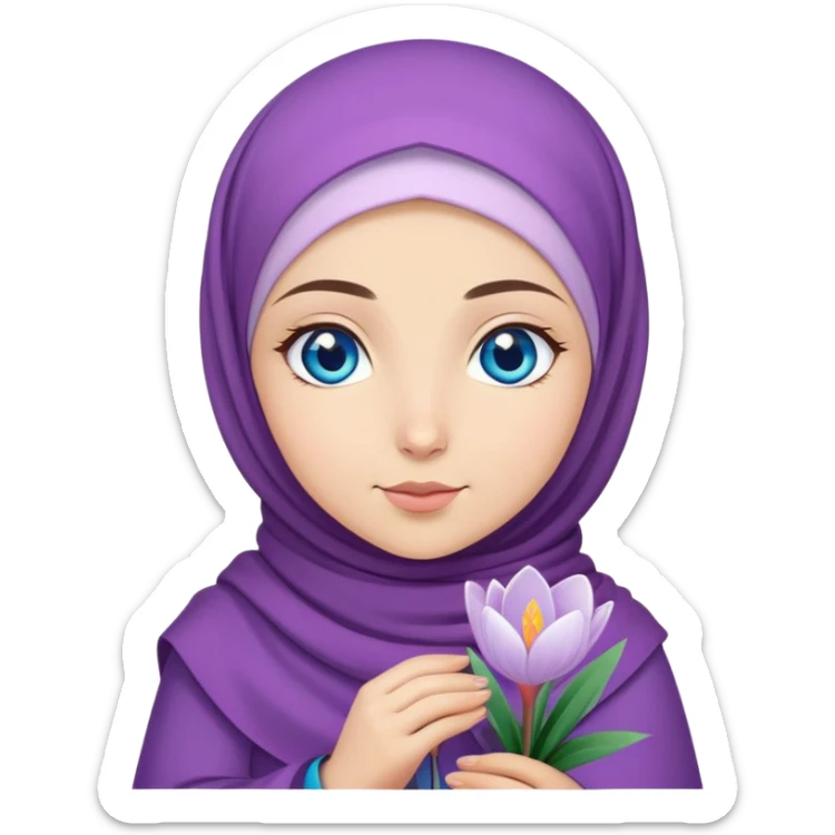 Turkish beautiful finish Konya girl blue eyes with crocus hijab and islamic dress and hold crocus flower on hand  sticker