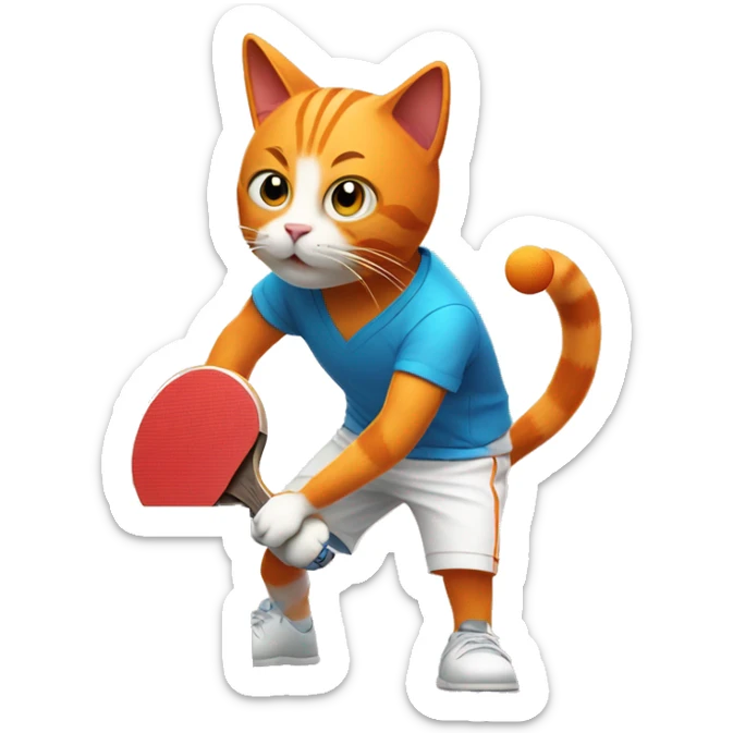 orange cat full body  playing table tennis with a racket and a ball at the table sticker