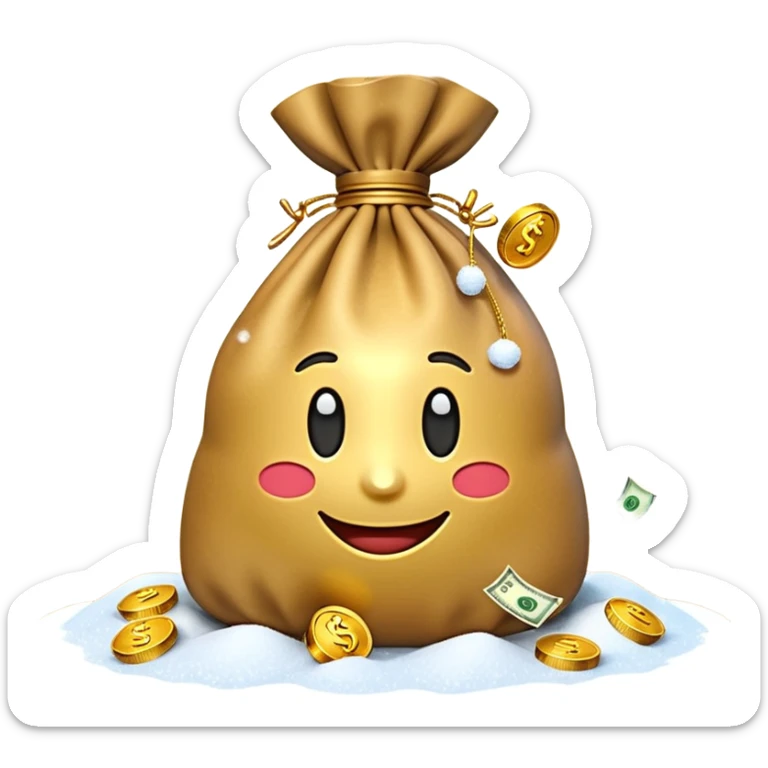 3D emoji style, money bag with dollar bills, New Year theme, snow particles, festive lighting, rich vibe, high detail, transparent background

 sticker