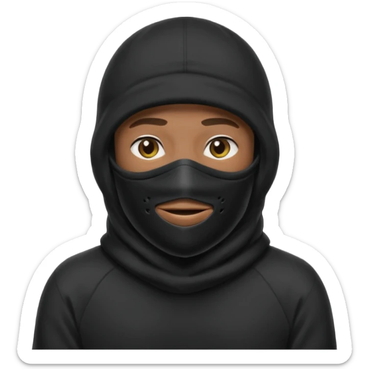 Crie um homem de blusa preta e capuz preto, balaclava preta, boné preto sticker