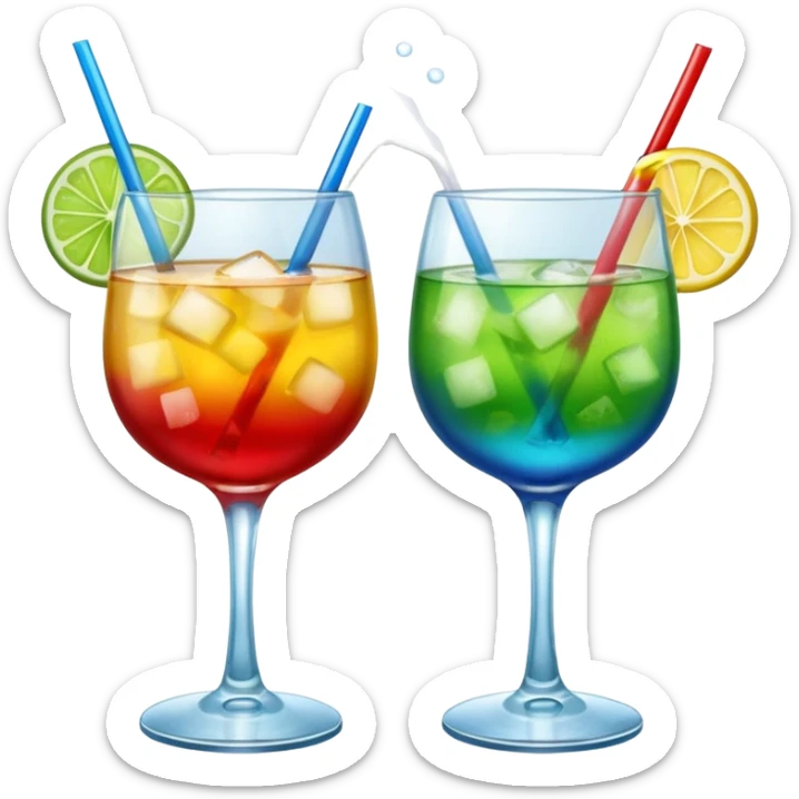 Create an emoji of two cocktails cheers action, one glass of green and yellow color and one glass of blue and red, without any fruit, make a toast asction sticker