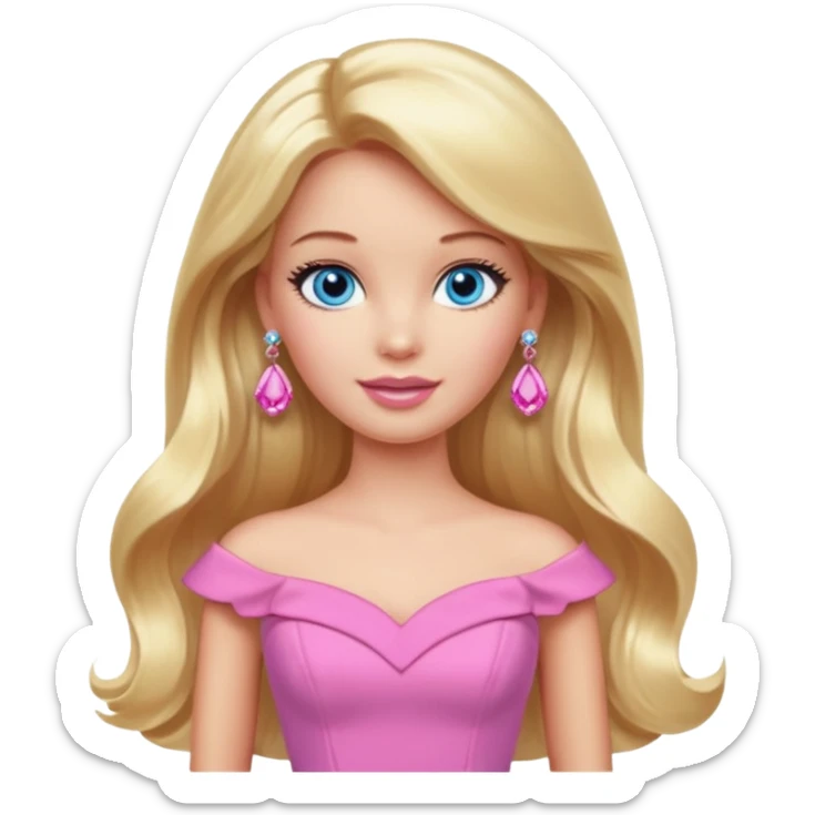 barbie, long blonde hair, pink dress, with blue eyes,different dress, big ear rings. sticker