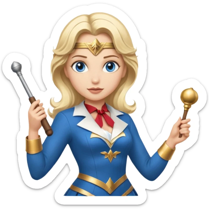 Blonde blue eyed Wonder Woman holding white orchestra conductor’s baton and bell sticker