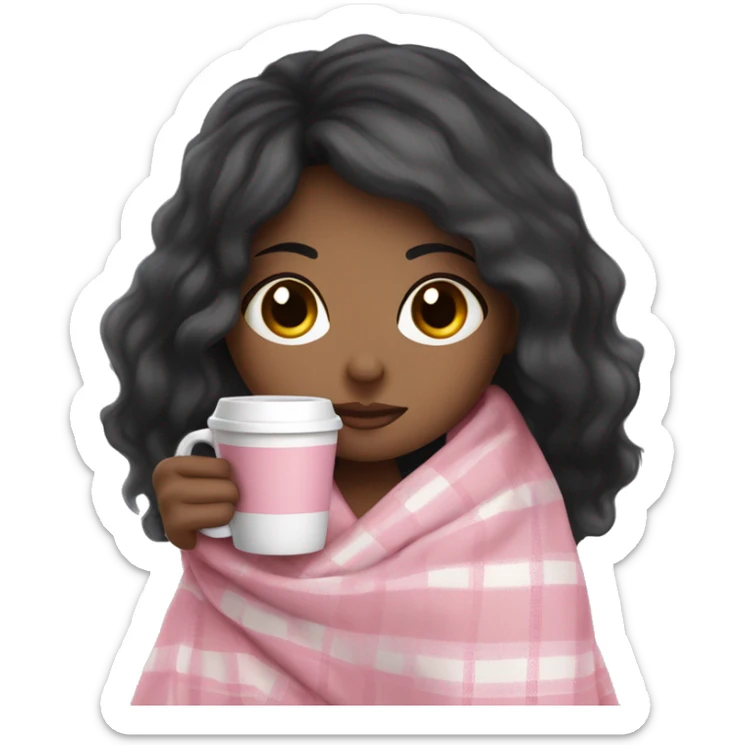 cute Black hair girl wrapped in pastel pink plaid blanket drinking coffee sticker