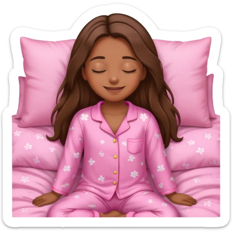 The brown long hair girl going to sleep in pink pajama with smile and closed eyes sticker