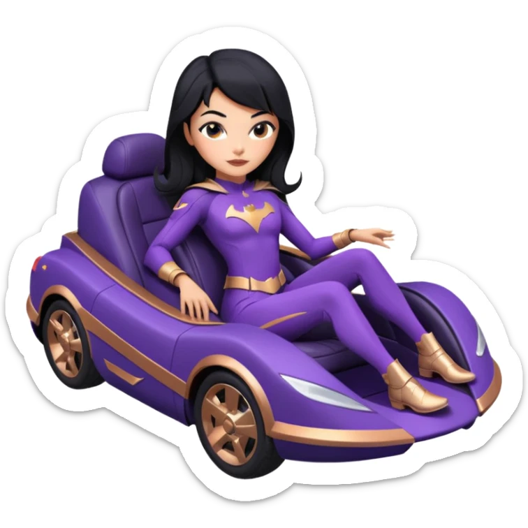 Hot full size real-appearance racing action BatGirl’s Lego feminine midnight-purple tight outfit sixty’s tv show 1992 stealth retro cat burglar sporty petite off-road pursuit hovering hover cruiser car rose gold accents (black hair,reclined and relaxed seating position and attitude) desert sticker