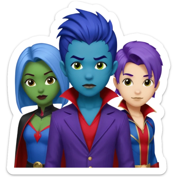 Solo poly platonic relationship, one African girl, one Asian boy, one biracial features Asian tomboy girl rat-tail hair long and upper masculine hair 90s, vampire and marvel cosplay elements inspired  use marvel race, like instead of obvious human, green purple blue etc,  sticker