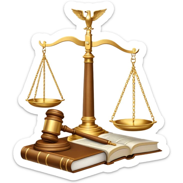 An icon featuring scales of justice, a gavel, and a legal book, symbolizing the study of law. The design includes courthouse pillars in the background, representing authority and legal systems. Transparent background highlights the principles of justice, order, and legal education. sticker