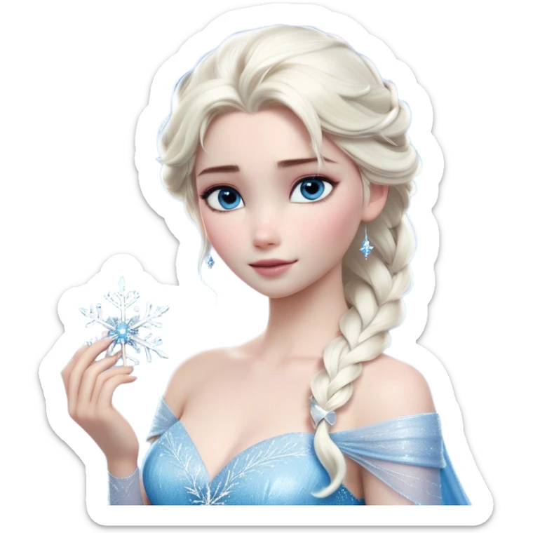 Cinematic Realistic Elsa Portrait, depicted with lifelike skin texture, soft natural lighting, and intricately detailed platinum blonde hair styled elegantly. Her striking, expressive blue eyes exude confidence and grace, complemented by a serene and regal expression. She holds a shimmering snowflake delicately in one hand, her other hand resting against her gown, embodying the power and beauty of winter. She is dressed in her signature icy attire, with shimmering fabric textures and delicate folds that catch the light beautifully. The portrait features a soft, enchanting glow with a cool, radiant finish, capturing the essence of timeless elegance in a realistic and painterly style. sticker