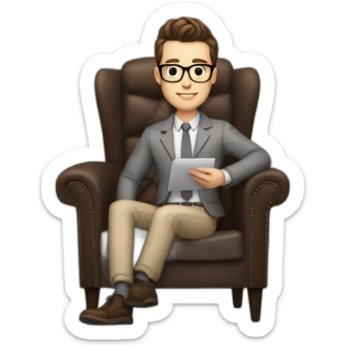Pale skinned Fit Man With dark brown hair in gray jacket, beige office shirt, Brown pants and vintage glasses sitting In a soft chair with a notebook with emblem Ψ and a pen in his hands sticker