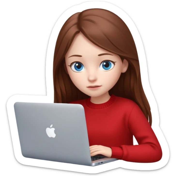 Emoji of a cute 3D girl with long brown hair and blue eyes, wearing a red sweater, focused working on a MacBook laptop, white background sticker