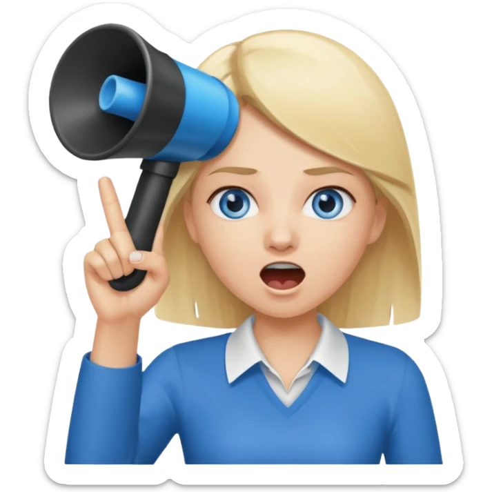 blue eyes blonde girl yelling into megaphone and holding up 1 finger in the other hand siling sticker