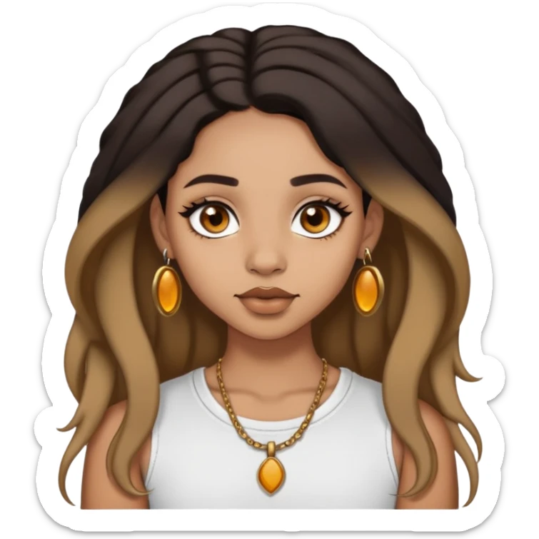 Lightskin girl with dark blackish brown hair with dark honey blonde ends. Dark brown eyes with a septum piercing in the nose and nose ring piercing on right side  sticker