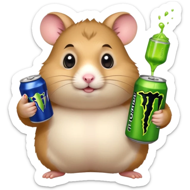 Funny cartoon-style fat hamster with big wide eyes  holding a can of monster energy in one hand and redbull in the other hand sticker