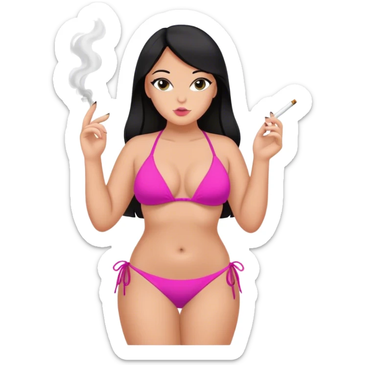 caucasian curvy girl smoking in pink bikini, long straight black hair, sfw pose sticker
