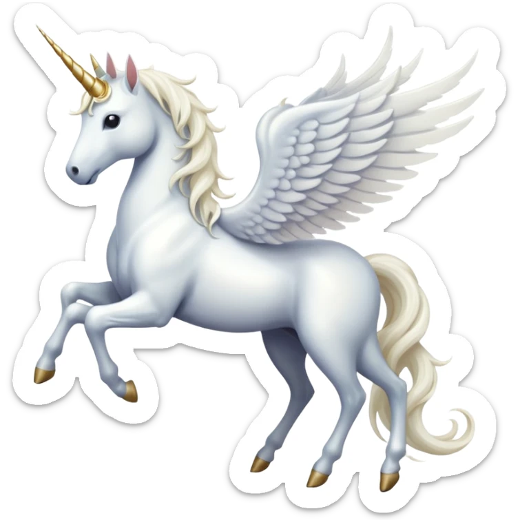 All white Cinematic Noble Unicorn with wings, slender with a flowing mane and tail and spiraled horn sticker