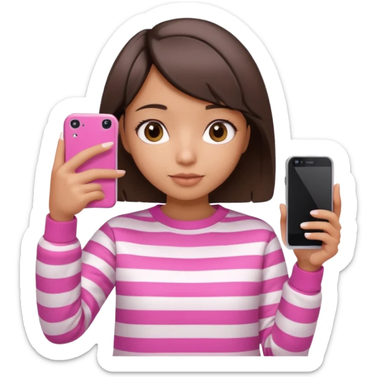 Emoji of a cute 3D girl with short dark brown bob hairstyle, wearing a pink and white striped sweatshirt. She is holding a phone and taking a selfie, white background.

 sticker