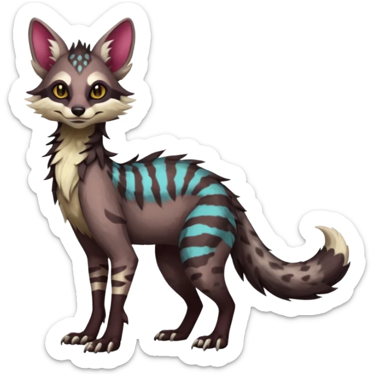 Feral Rare Fantasy dark vibrant Vernid-Sergal-Genet-Trico-species by LiLaiRa, random markings, tufted tail, tufted ears, full body sticker