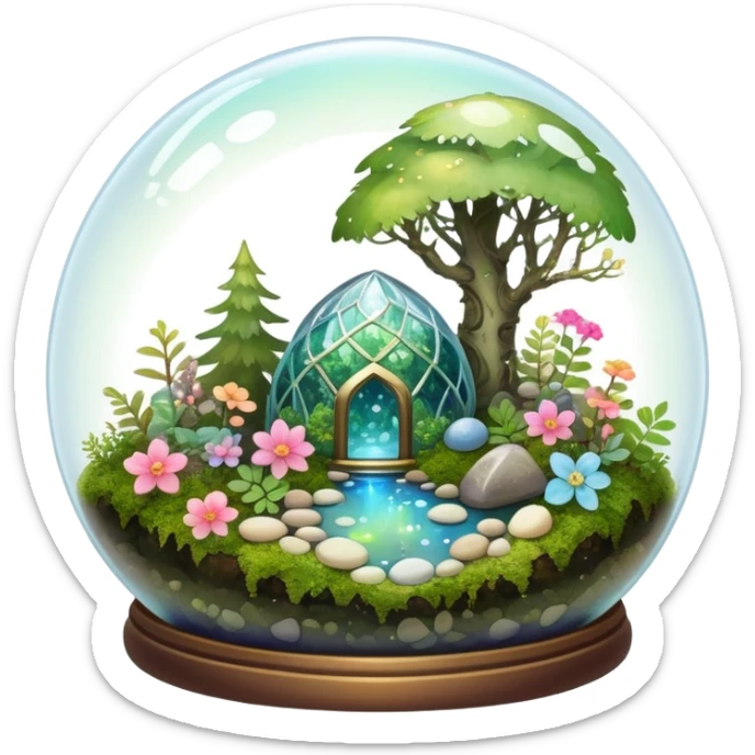 Sparkly shiny iridescent Mystical woodland glass-dome-terrarium-globe with moss inside, with marbles, with pebbles, crystals, with bones inside, and flowers inside  sticker