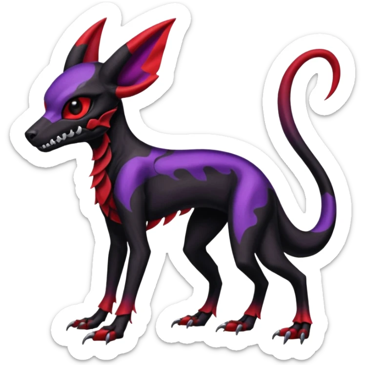 Gothic Black red purple Scaley Exotic Salandit-Umbreon-Noibat-Houndoom-Fakémon-hybrid-creature (full body), 4 legs, skull face mask sticker