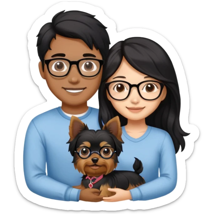 “An Asian girl with long, wavy black hair flowing freely stands beside her smiling boyfriend—a brown-skinned man with a middle part hairstyle and glasses. They are holding a small Yorkshire Terrier together.” sticker