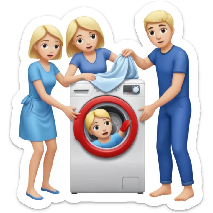 Eine Frau mit dem in der Waschmaschine feststeckt und zwei Männer die hinten an ihr ziehen um ihr zu helfen  sticker