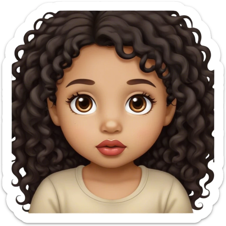 light brown skin tone, very adorable toddler, with big plump lips, long long lashes, black curly long hair, brown eyes sticker