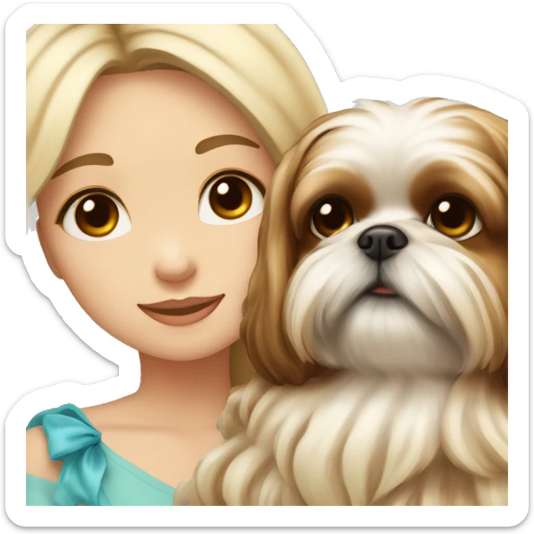 human girl with long wavy brown hair hugging a blonde colored shih tzu girl with bow sticker