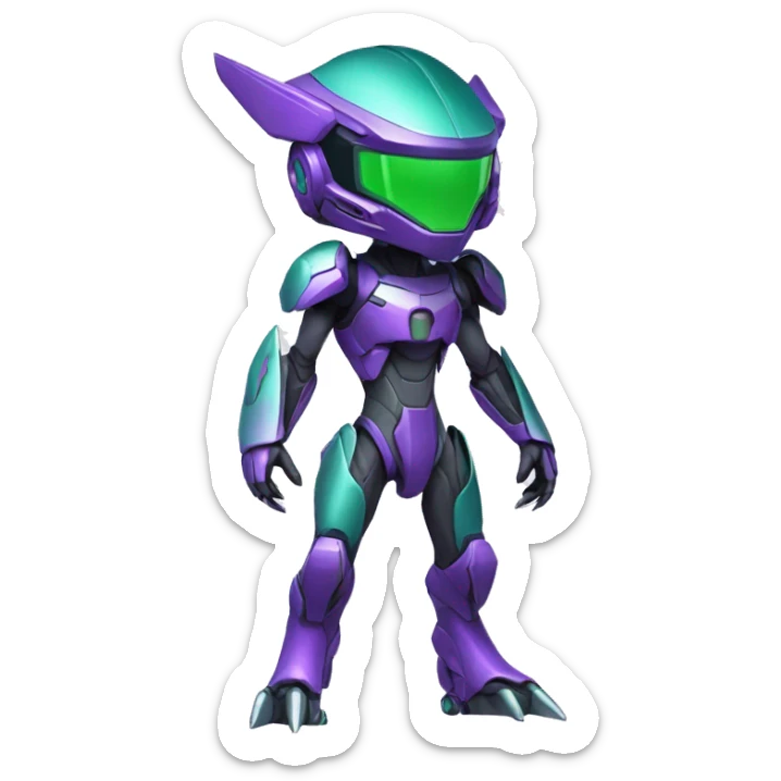 a chibi-style purple-green Genesect-Raptor-Fakémon—hybrid with a futuristic visor-helmet full body sticker