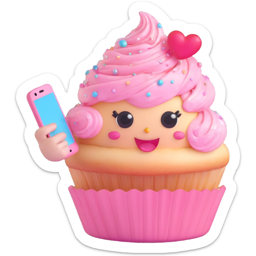 adorable 3D kawaii cupcake with pastel swirled frosting, glossy cherry, big sparkling eyes, tiny hands holding a phone, making a duckface selfie, hearts and sparkles on frosting, pastel pink polka dot wrapper, smug pose, floating sparkles, soft shadows, high resolution sticker