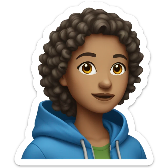 Brunette Girl wearing a blue hoodie curly hair sticker