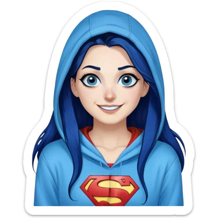 Laughing-30-year-old-adult-long-straight-dark-blue-hair-with-glitter-blue-eyes-thick-black-eyeliner-really-thick-really-long-eye-lashes-sky-blue-superman-no-ears-hoodie-sweatshirt-pierced-right-nostril sticker