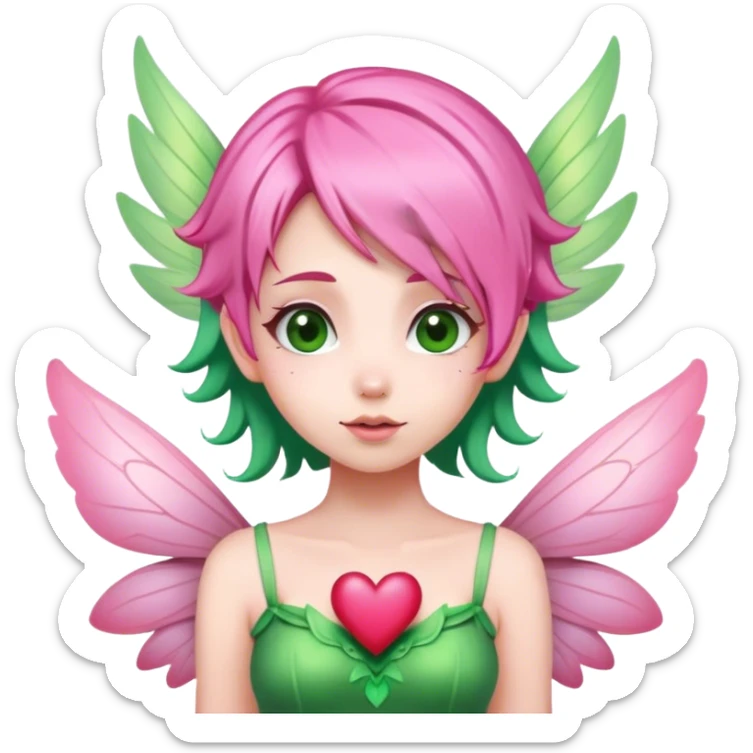 pink hair, pink wing fairy in green dress hearts sticker