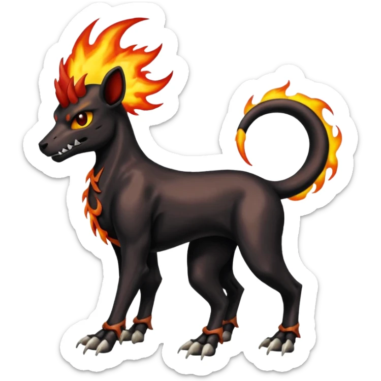 Badass black skeletal cool shiny Houndoom-Charmeleon-Fakémon-hybrid-creature (full body)  with flamey Mohawk  sticker