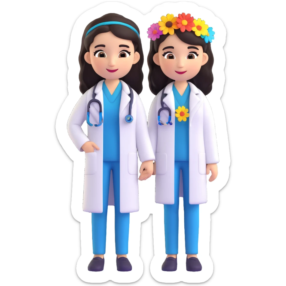 cute Mexican doctor girl, long dark hair, wearing doctor's coat, flower in hair, cheerful approachable, 3D cartoon style sticker