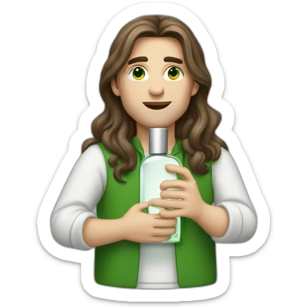 white skin men with long brunette hair and green eyes with a perfum bottle sticker