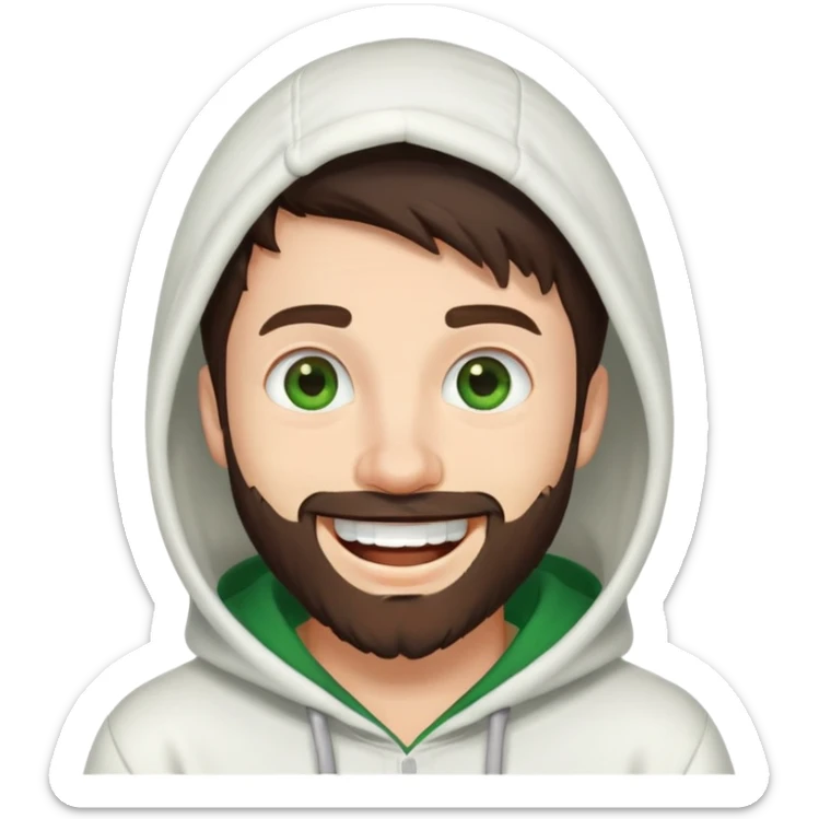 laughing guy with white hoodie, green eyes, dark brown hair and a short full beard sticker