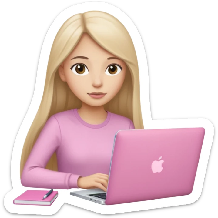 Chica lacia peli larga en una MacBook rosa investigando y haciendo tareas con un libro de apuntes y con cara muy linda como modelo sticker